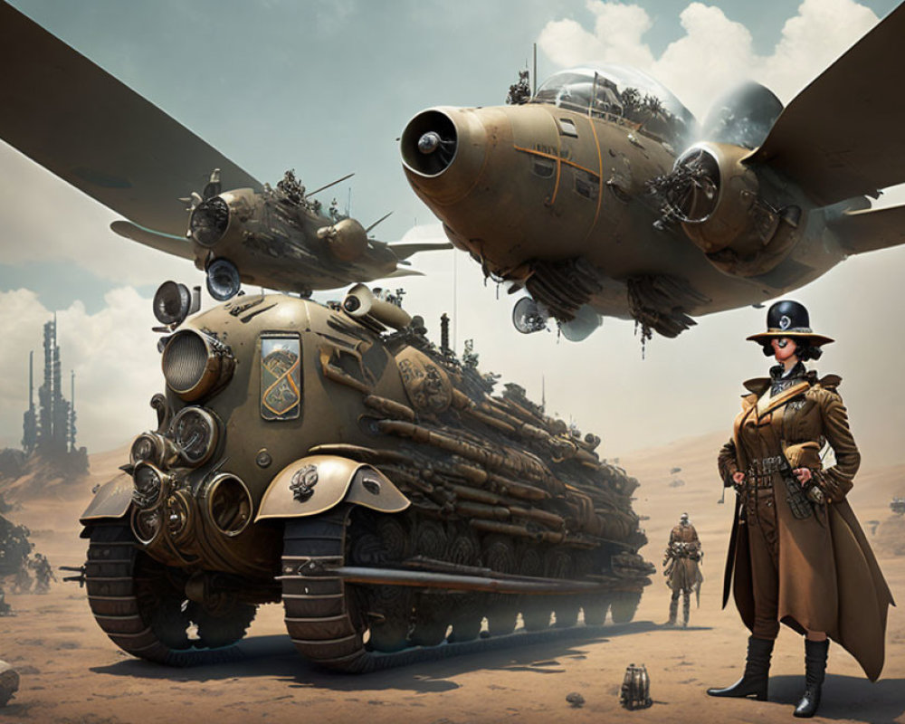 Person in trench coat and military cap with futuristic tank and helicopter in desert setting