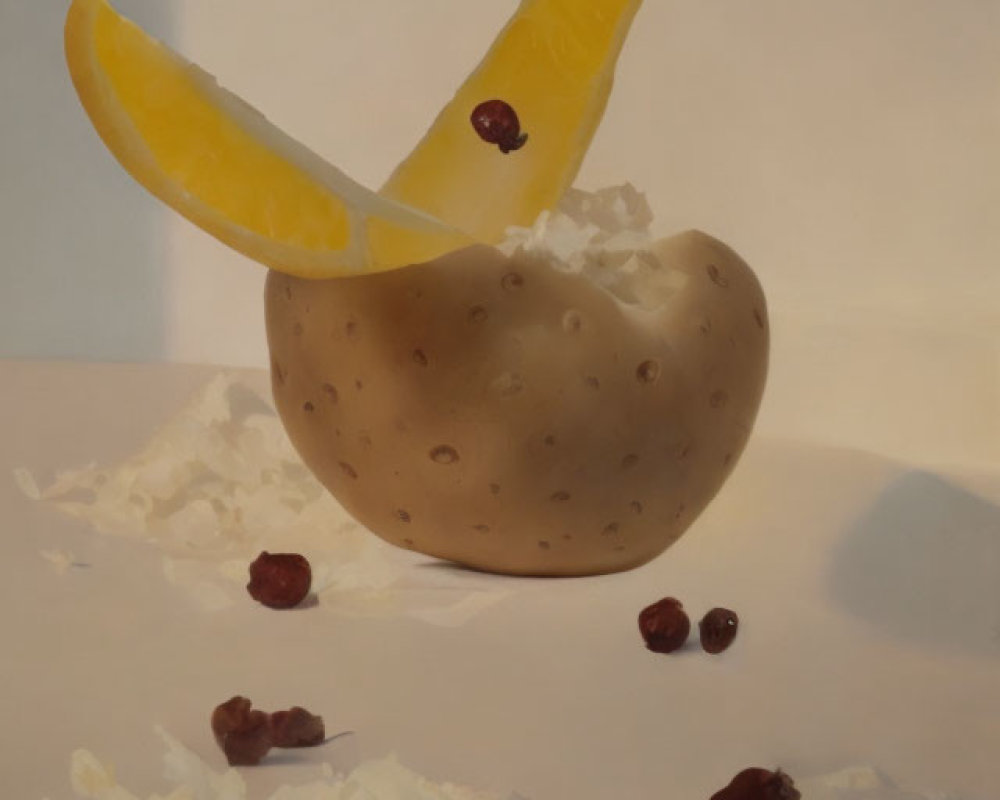 Vibrant still life: potato, orange slice, berries in cocktail-like arrangement