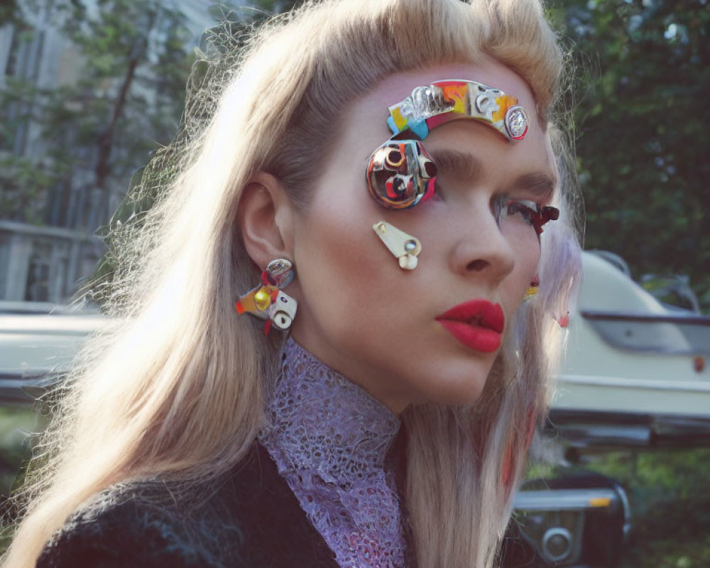 Avant-garde makeup woman in retro fashion with vintage car outdoors