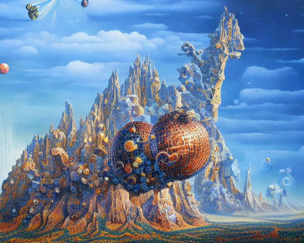 Fantastical landscape with floating castle and ethereal structures