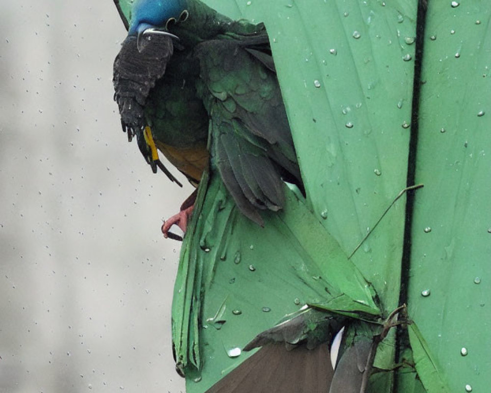 Vibrant parrot with blue facial markings on green umbrella