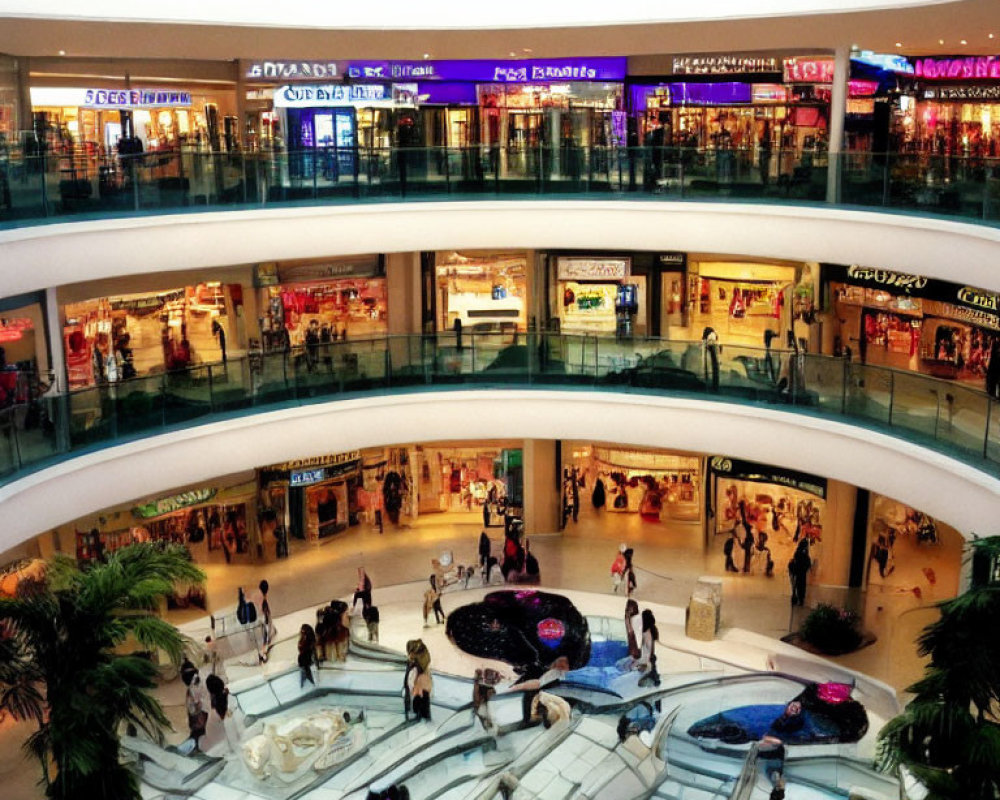 Multi-level shopping mall with bright signage and fountain centerpiece.