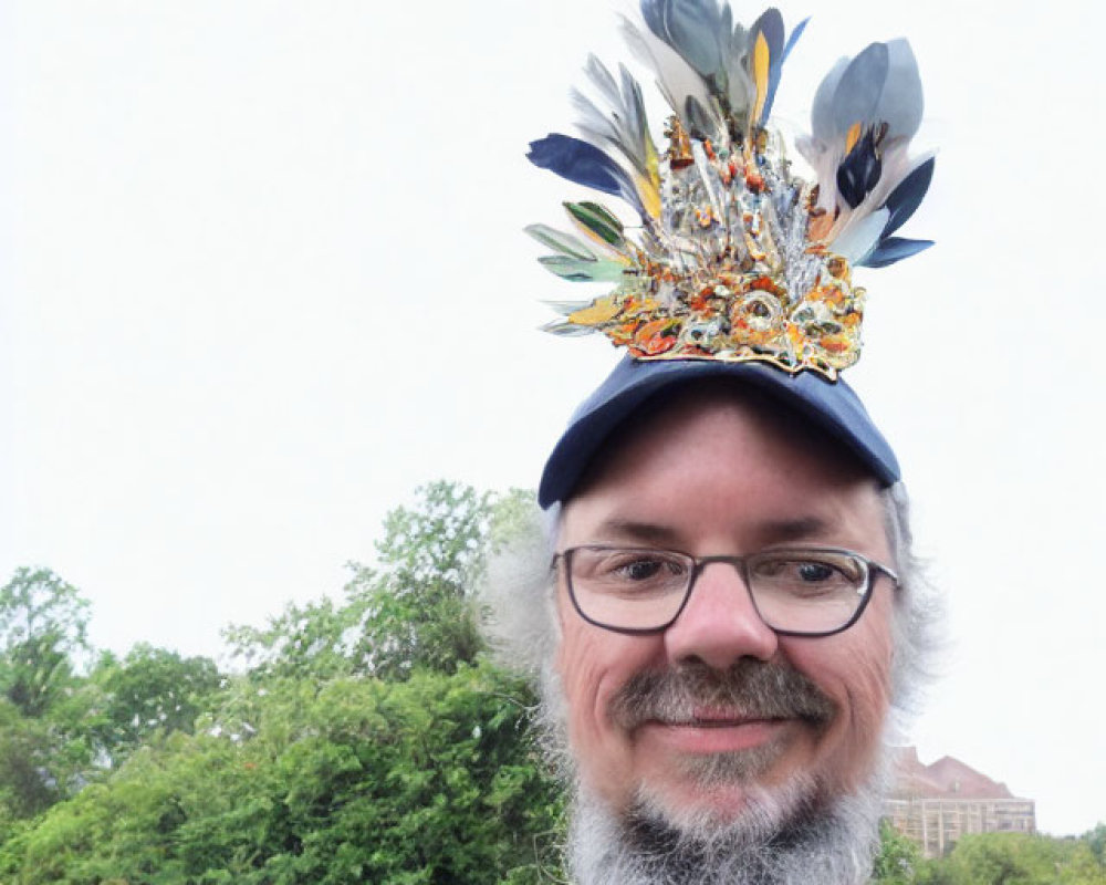 Smiling person with graying beard in colorful floral cap