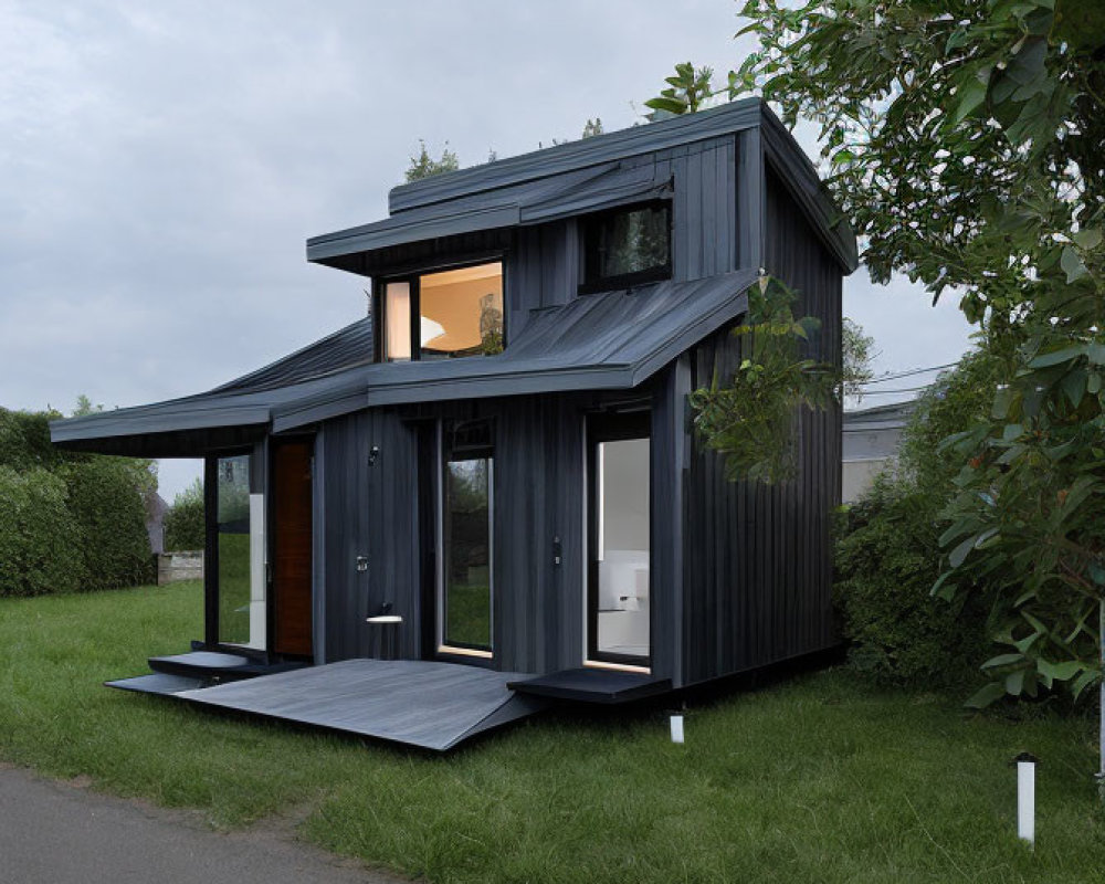 Modern two-story black house with large windows, flat roof, extended porch, near lush tree and manic