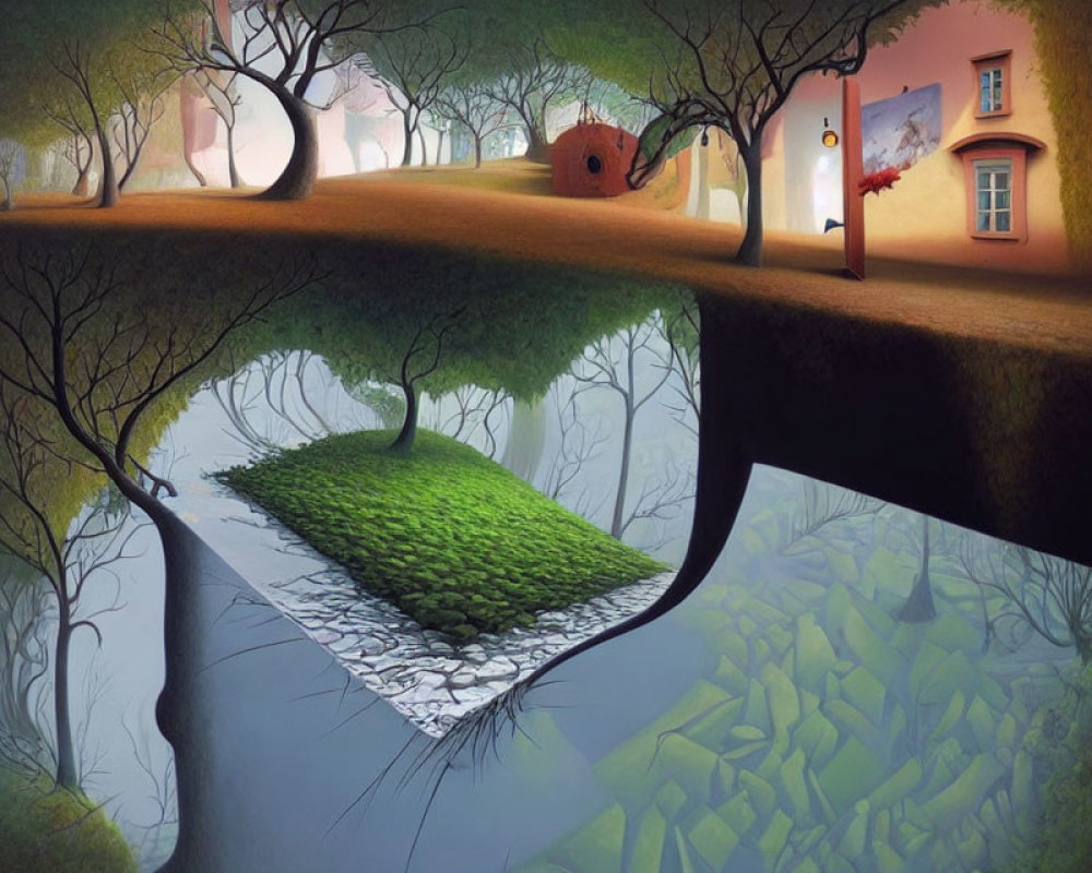 Surreal landscape painting: inverted perspectives, curved ground, underwater world with fish and tree