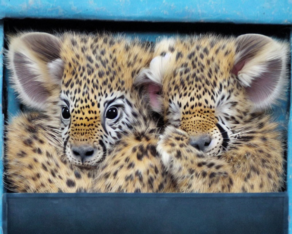 Spotted leopard cubs in blue-framed opening