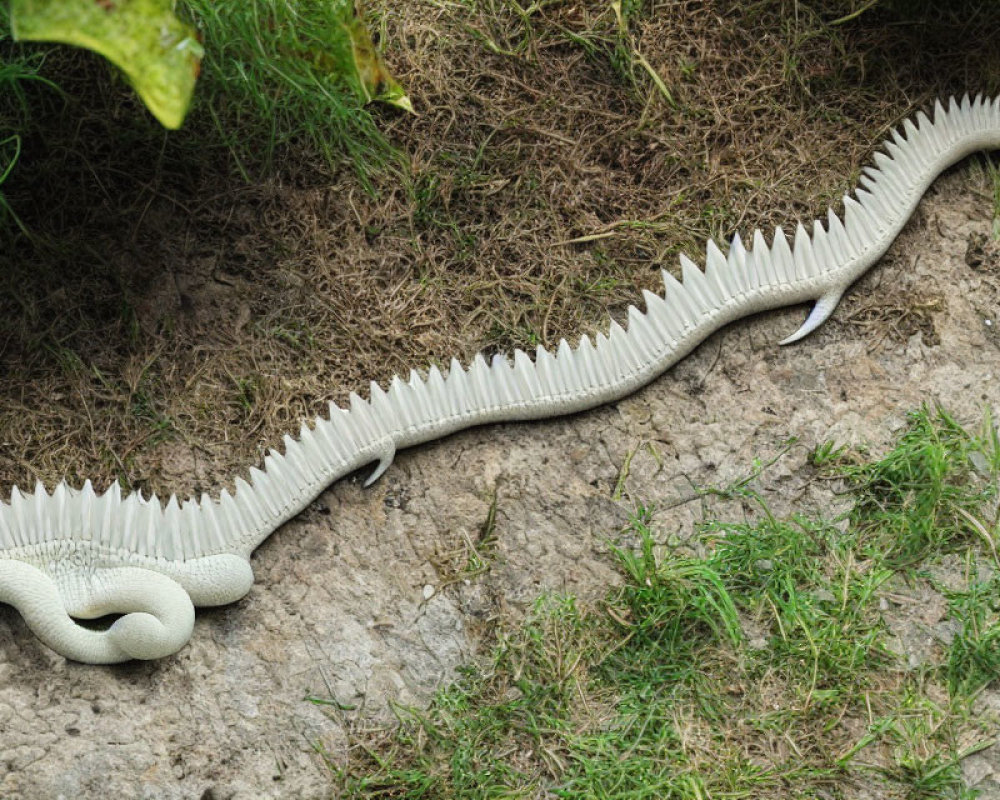 White Snake with Spiky Ridge on Grass and Dirt Ground