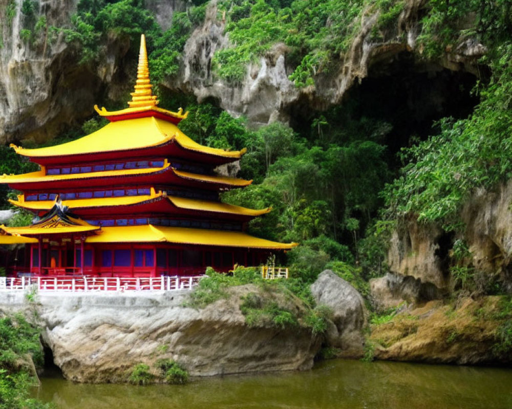 Colorful pagoda surrounded by greenery and cliffs near a serene river