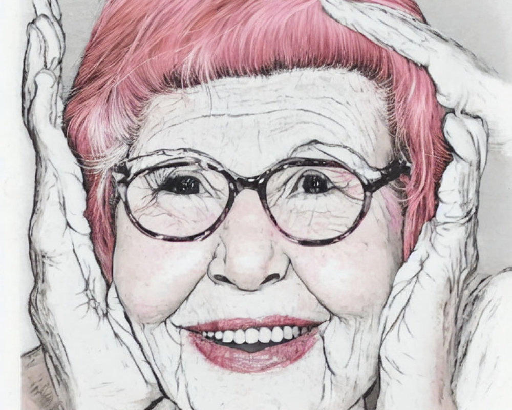 Elderly woman with pink hair and round glasses smiling