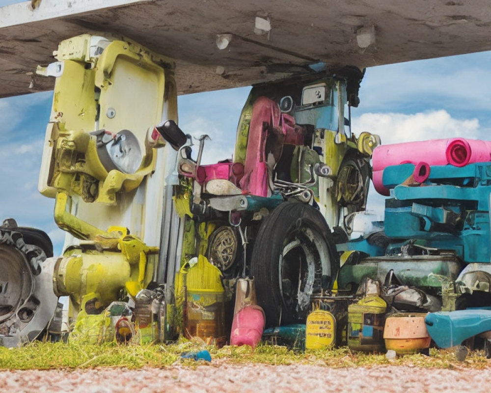 Vibrant old truck parts and machinery under blue sky