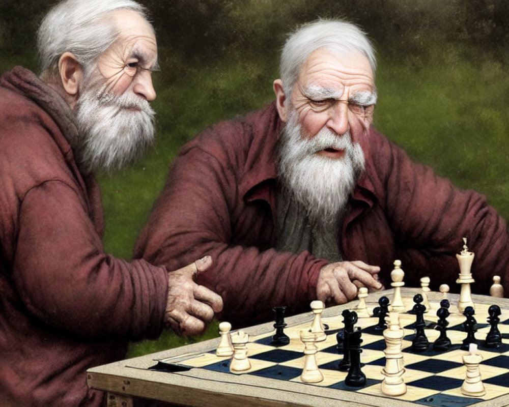 Elderly men with white beards playing chess outdoors