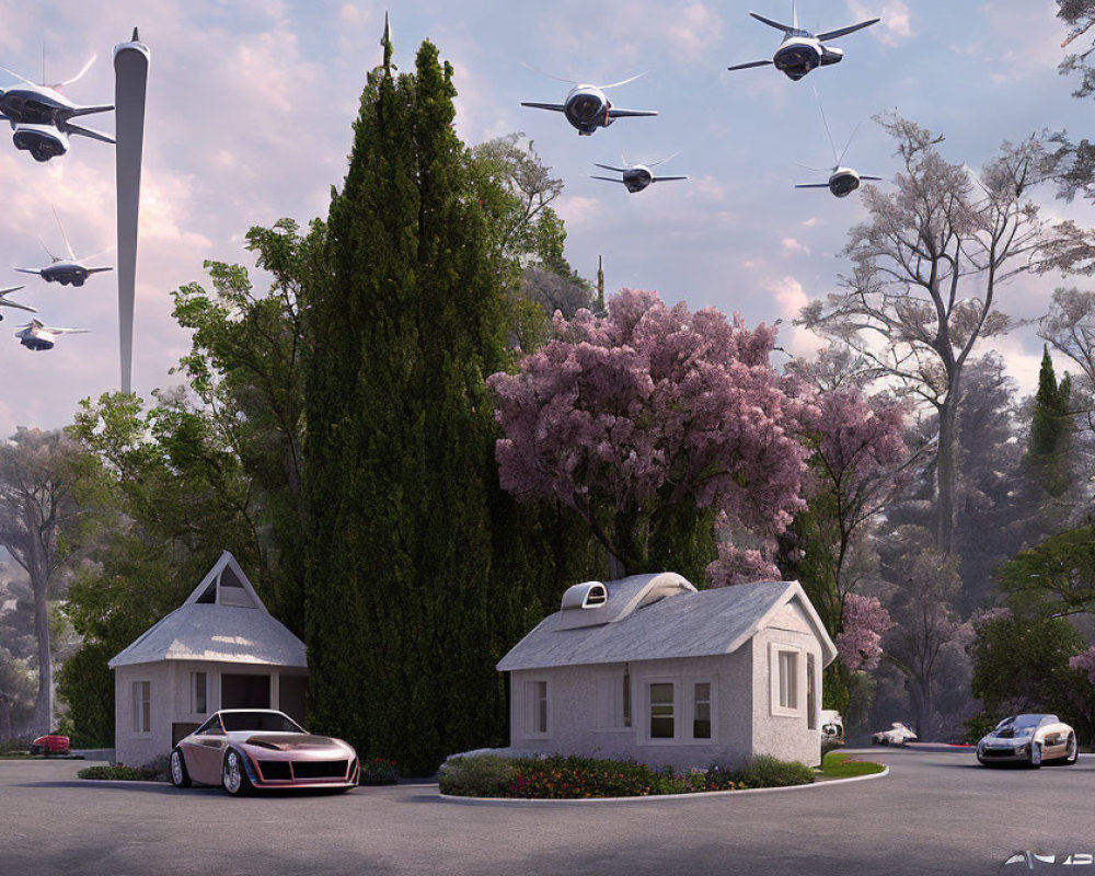 Modern homes, cherry blossoms, car, and drones in suburban dusk.