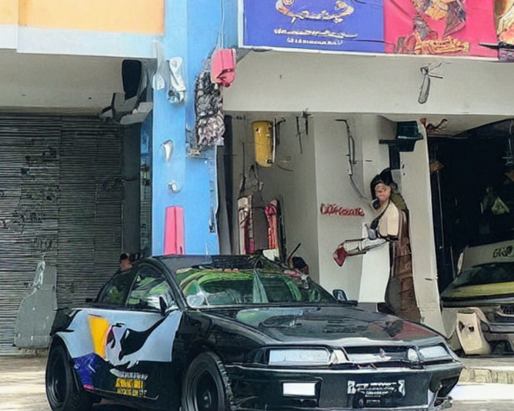 Black sports car parked in front of shop with open garage doors and person inside; colorful banners above