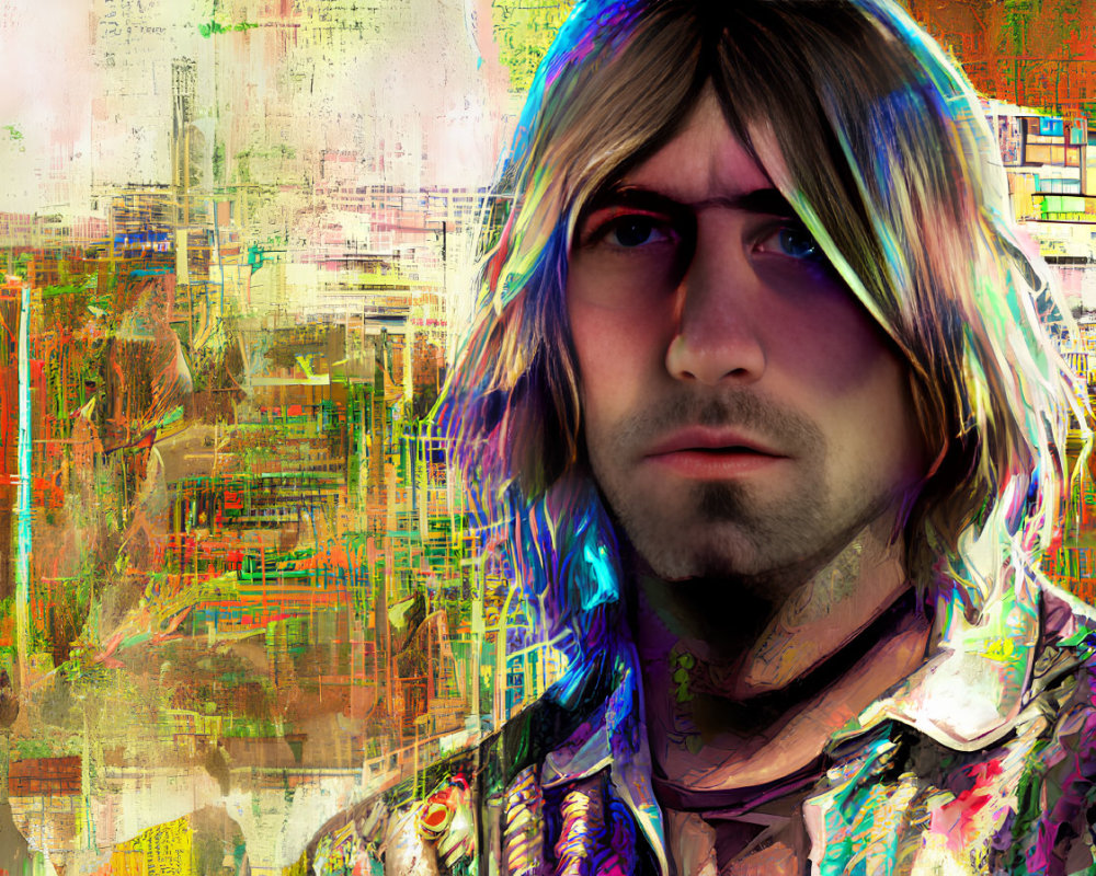 Vibrant digital portrait of man with shoulder-length hair in thoughtful expression