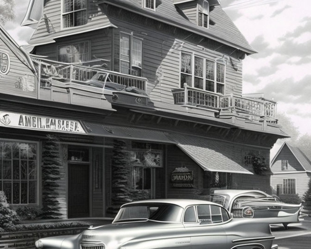 Vintage car outside two-story building with barber shop and balcony on sunny day