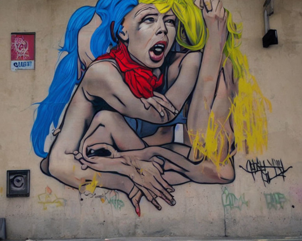 Colorful street art mural of woman with blue hair and red scarf passionately singing on urban wall