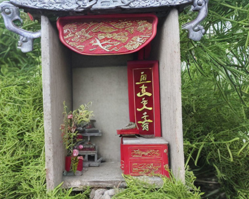 Intricate Traditional Chinese Shrine with Red and Gold Accents