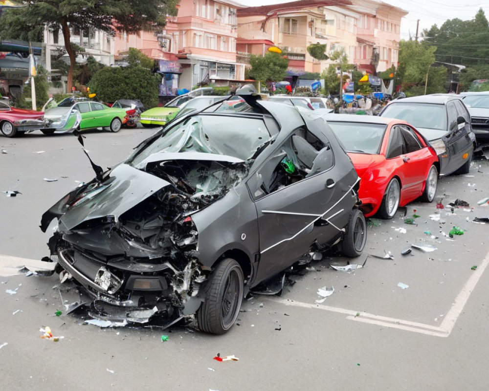 Damaged black car after collision on street with scattered debris.