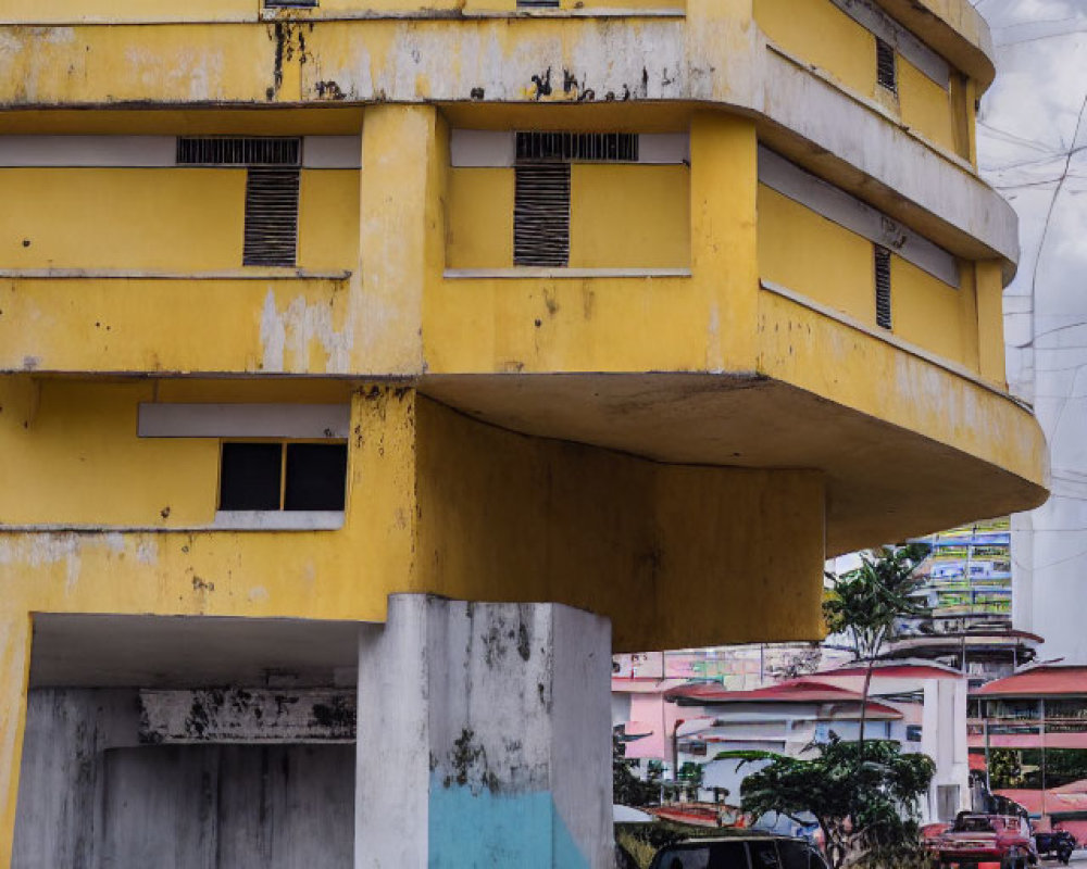 Weathered Yellow Multi-Story Parking Garage on Cloudy Day