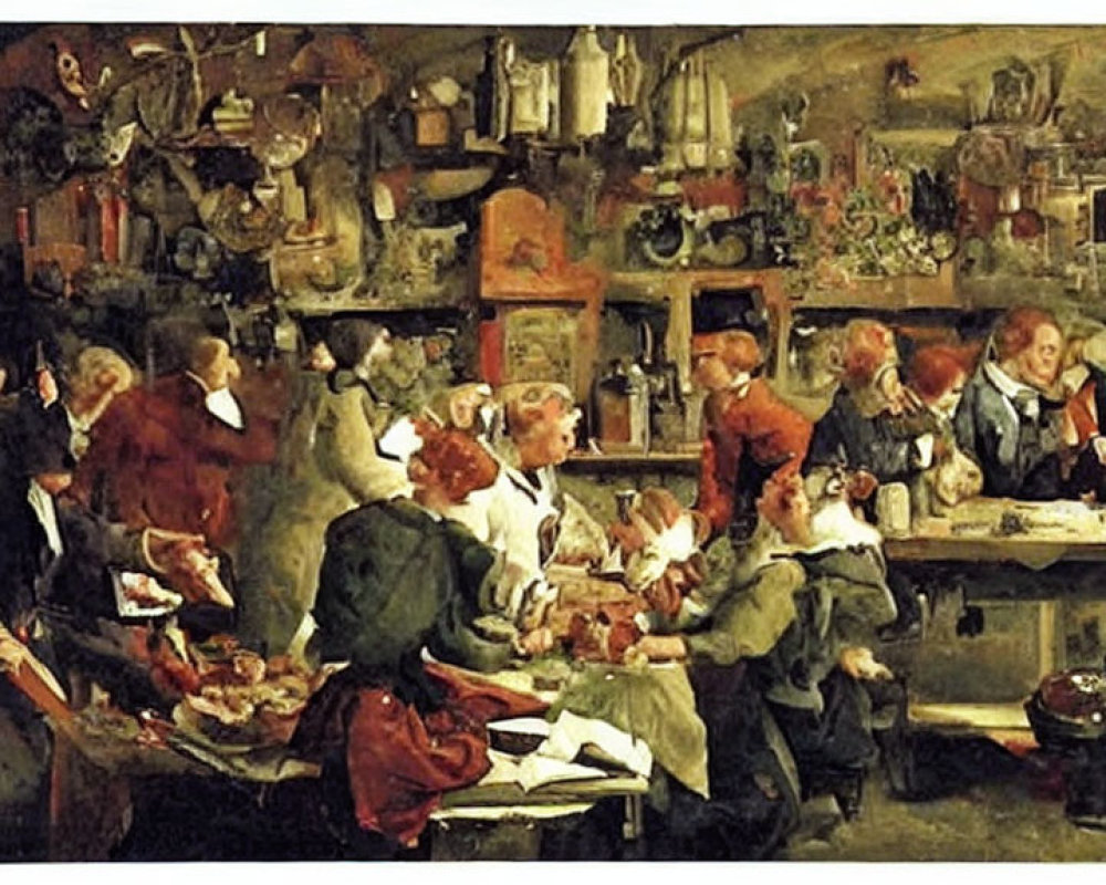 Vibrant tavern scene with patrons eating and conversing under candlelight