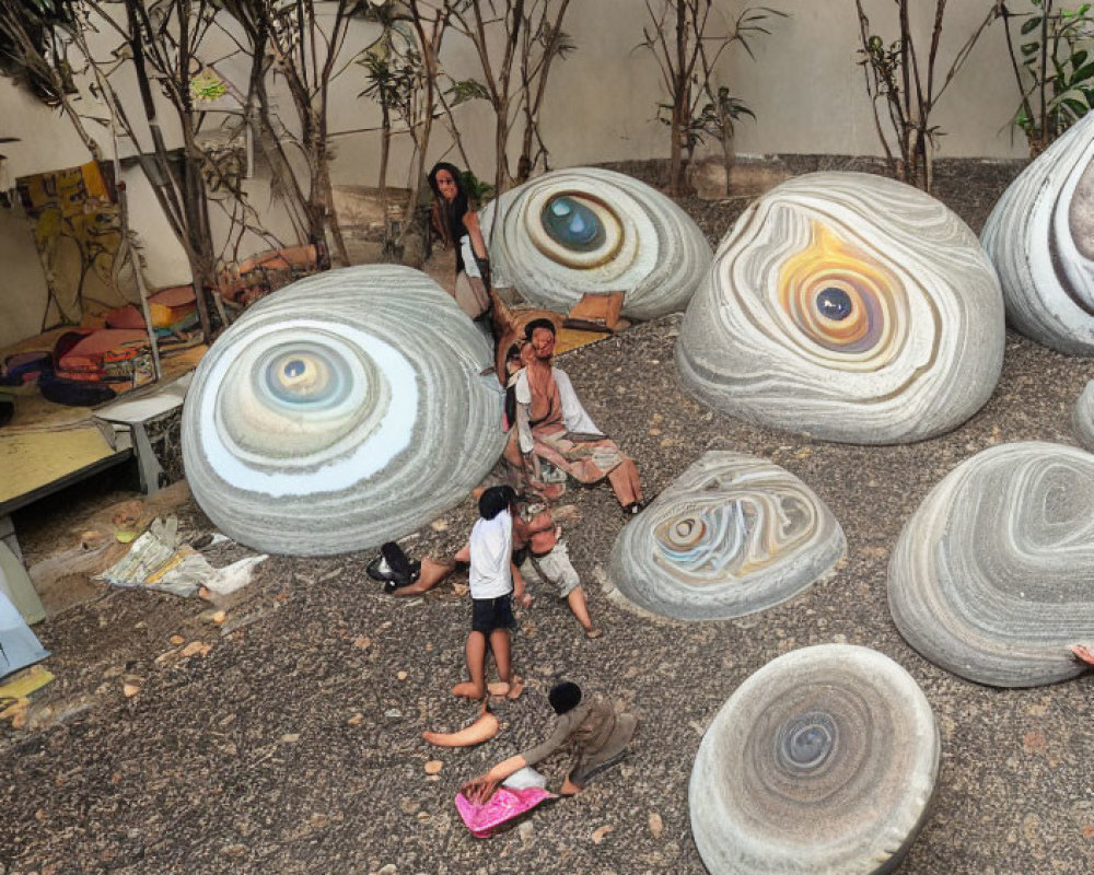 Group of people surrounded by eye-shaped art installations in urban outdoor setting