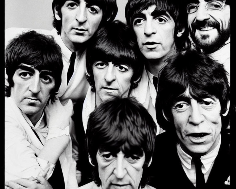 Monochrome collage of four male faces with similar haircuts and suits