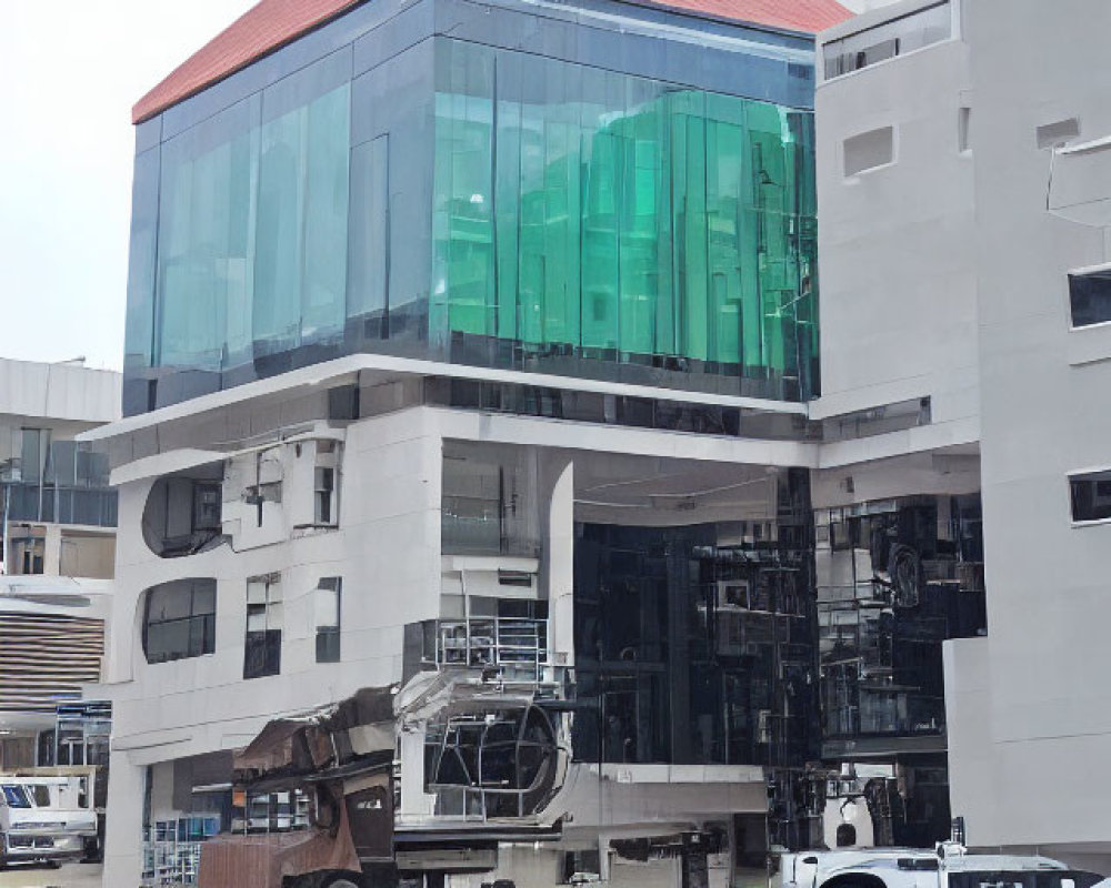 Modern Building with Blue and Green Glass Façade and Metal Structures