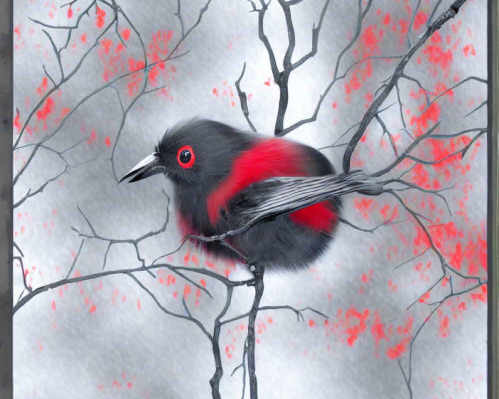 Stylized black and red bird with vivid red eye perched on branch amid red blossoms