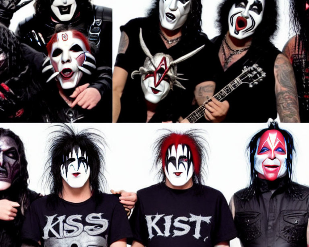 Four individuals in KISS-inspired face paint posing with instruments and band logo T-shirts