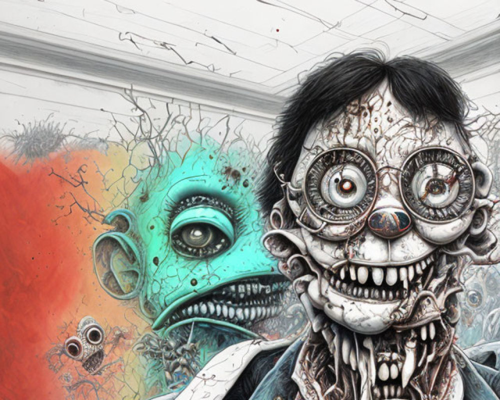 Surreal artwork of person with fractured face and green creature