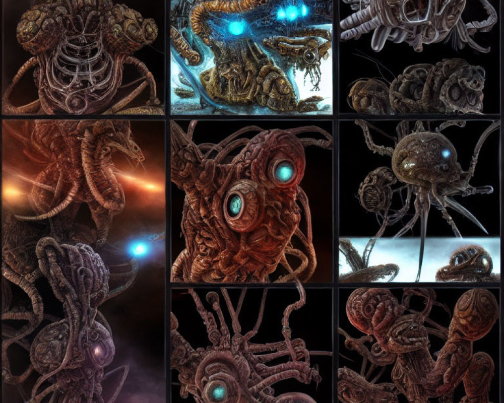 Dark Fantasy Biomechanical Creatures Collage: Tentacles, Glowing Eyes, Intricate Text