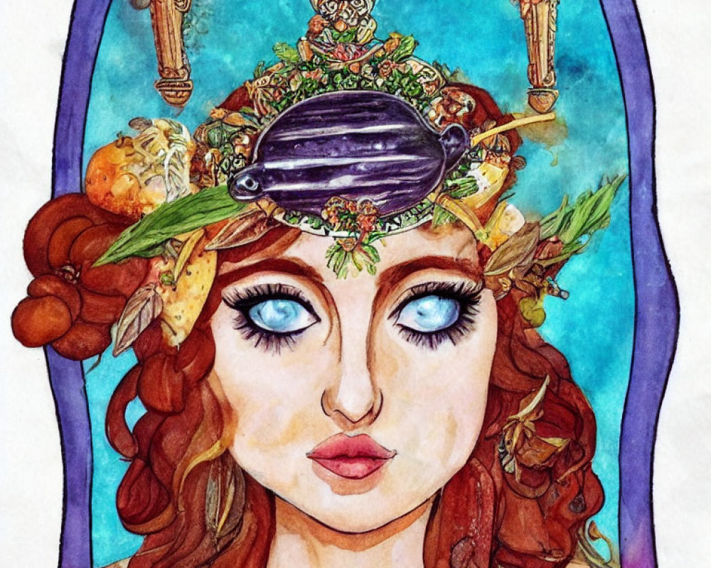 Colorful watercolor portrait of a woman with blue eyes and red hair wearing a whimsical headdress