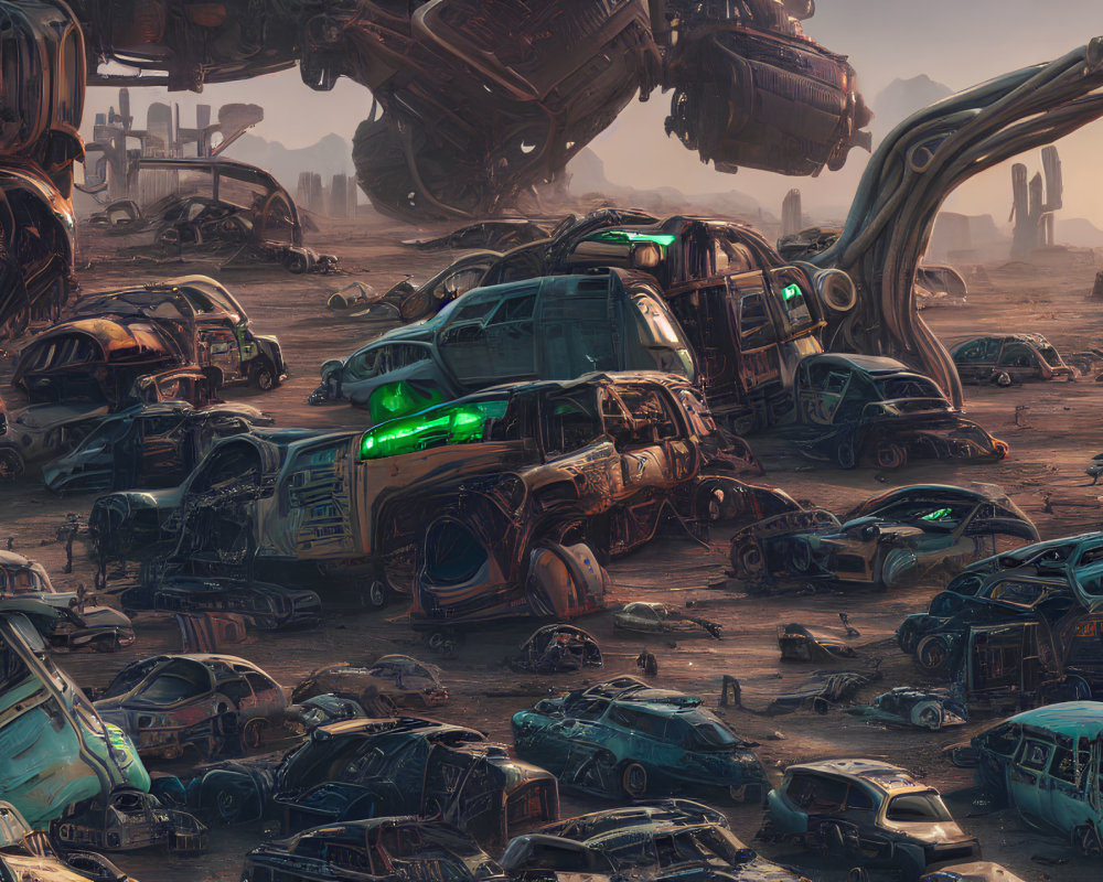 Dystopian scrapyard with derelict vehicles and towering robotic structures