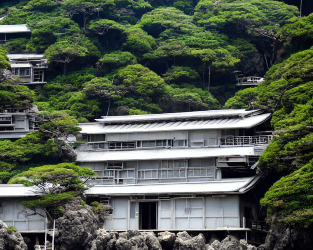 Contemporary building surrounded by green trees and rocky landscape