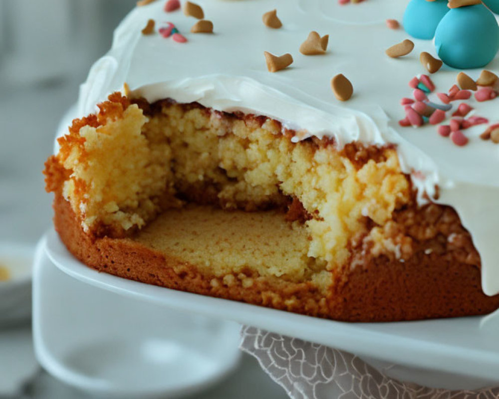 Frosted cake with multicolored eggs and sprinkles on white stand