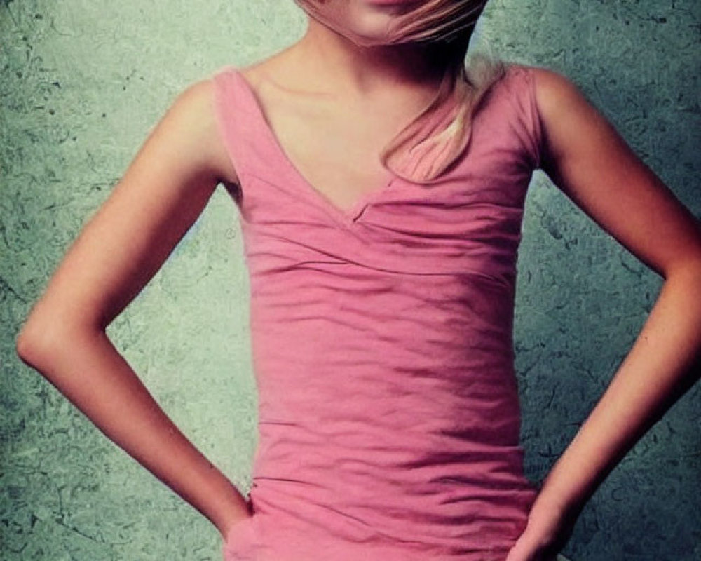 Young girl in pink top and white tutu skirt with tousled blonde hair and pink flower accessory