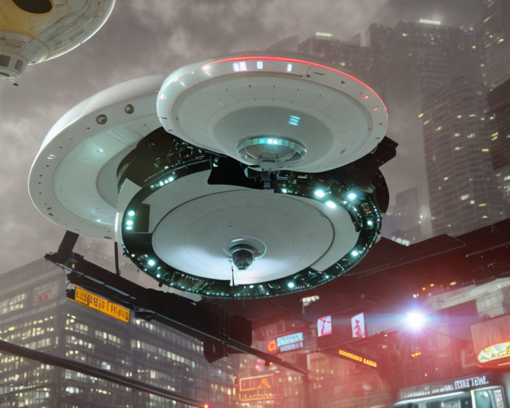 Futuristic UFO above neon-lit cityscape with misty skyscrapers