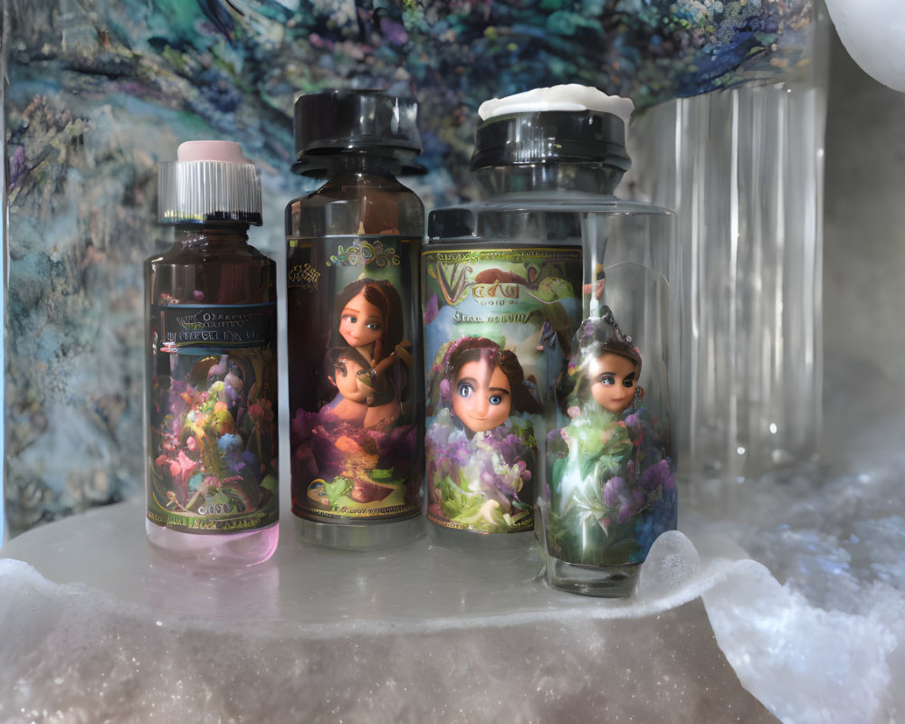 Illustrated fairy-like characters on four bottles among crystalline structures