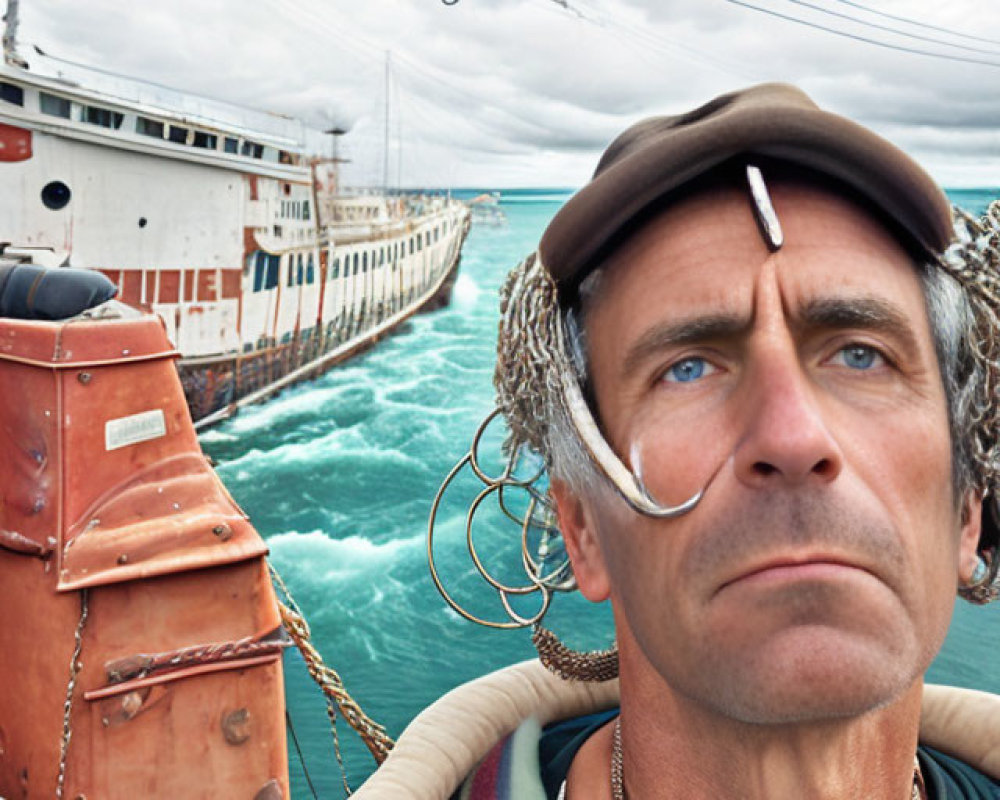 Man in beret and hoop earrings on boat with cigarette, ship in background