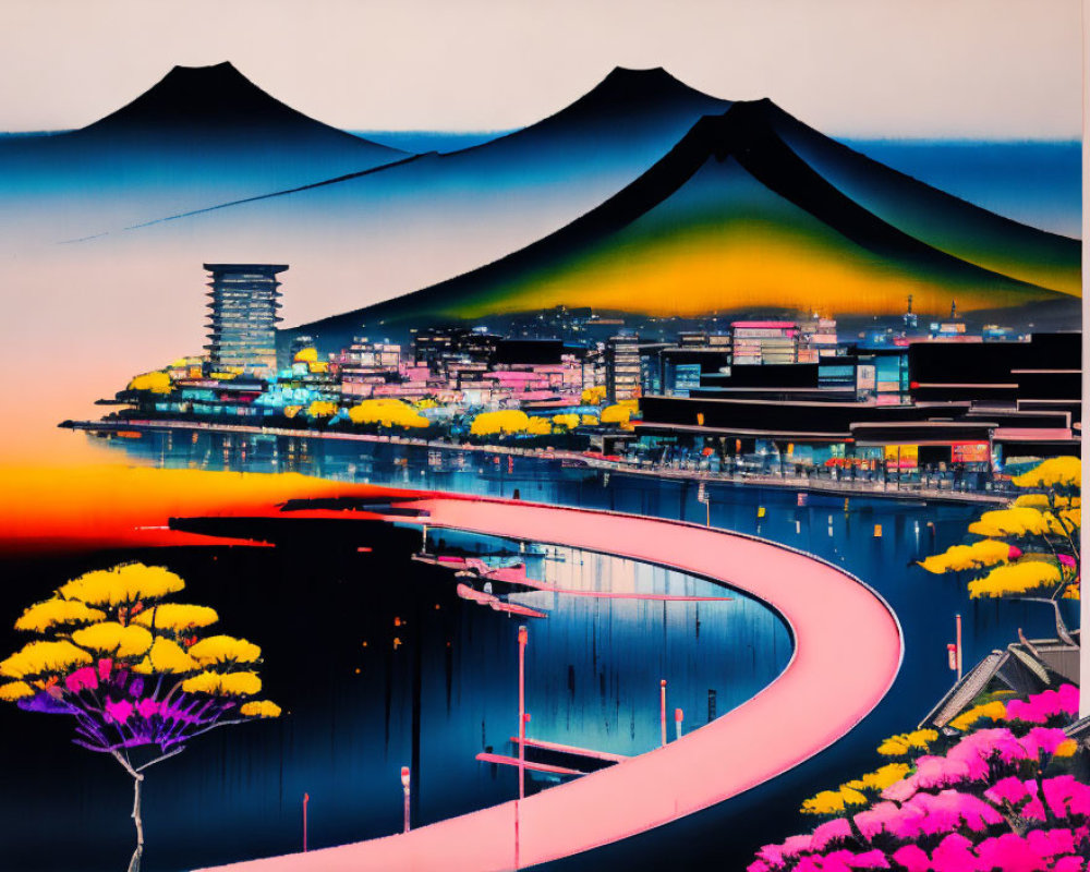 Futuristic cityscape with neon colors, curved roads, and traditional elements against mountain backdrop