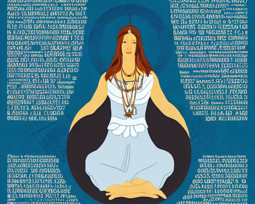 Red-haired figure in white robes meditating amidst symbols and "GODUS.