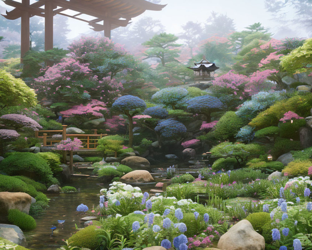 Tranquil Japanese garden with vibrant flowers and traditional architecture