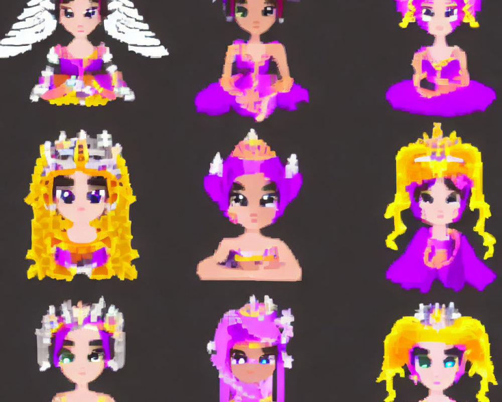 Nine Stylized Pixel Art Female Avatars with Crown Headpieces in Purple, Pink, and Gold