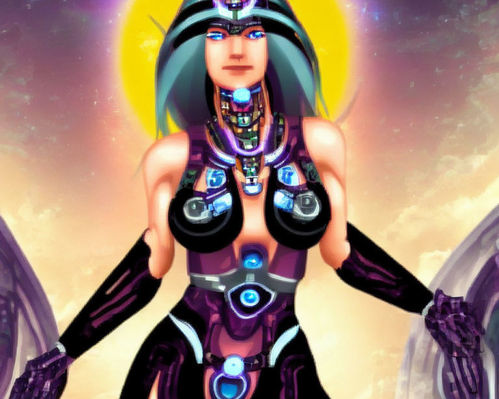 Futuristic female figure with cybernetic enhancements in cosmic setting