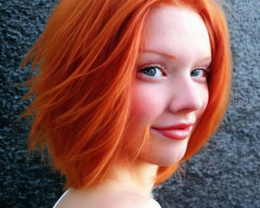 Vibrant red hair and fair skin person smiling on textured gray background