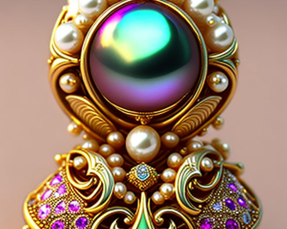 Golden Brooch with Iridescent Gem, Pearls, and Purple Accents