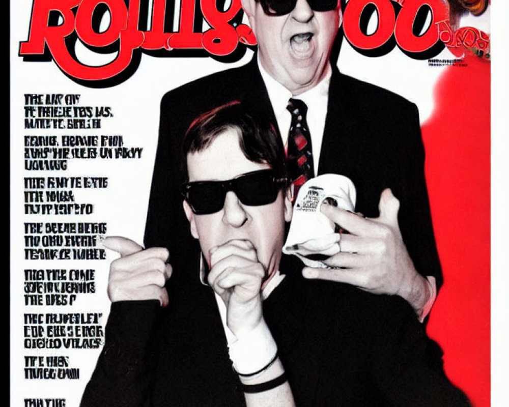 Two Men in Sunglasses on Magazine Cover with Red and White Text