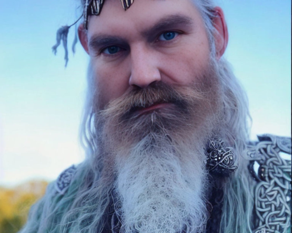 Grey-bearded man in Celtic robe and headpiece gazes at camera