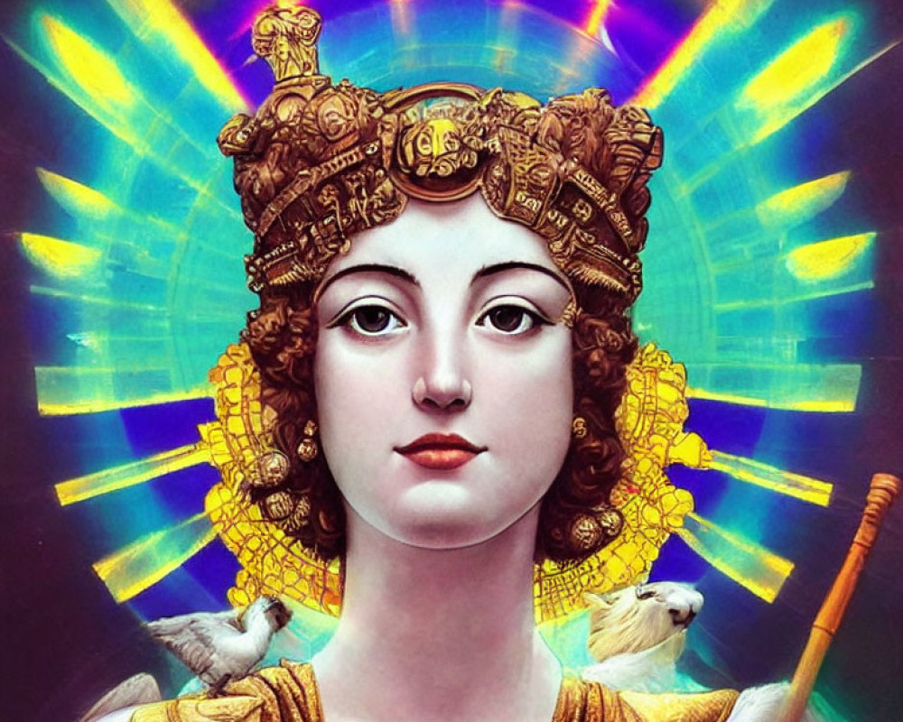 Stylized digital artwork: Female figure with golden headdress, regal collar, and scepter