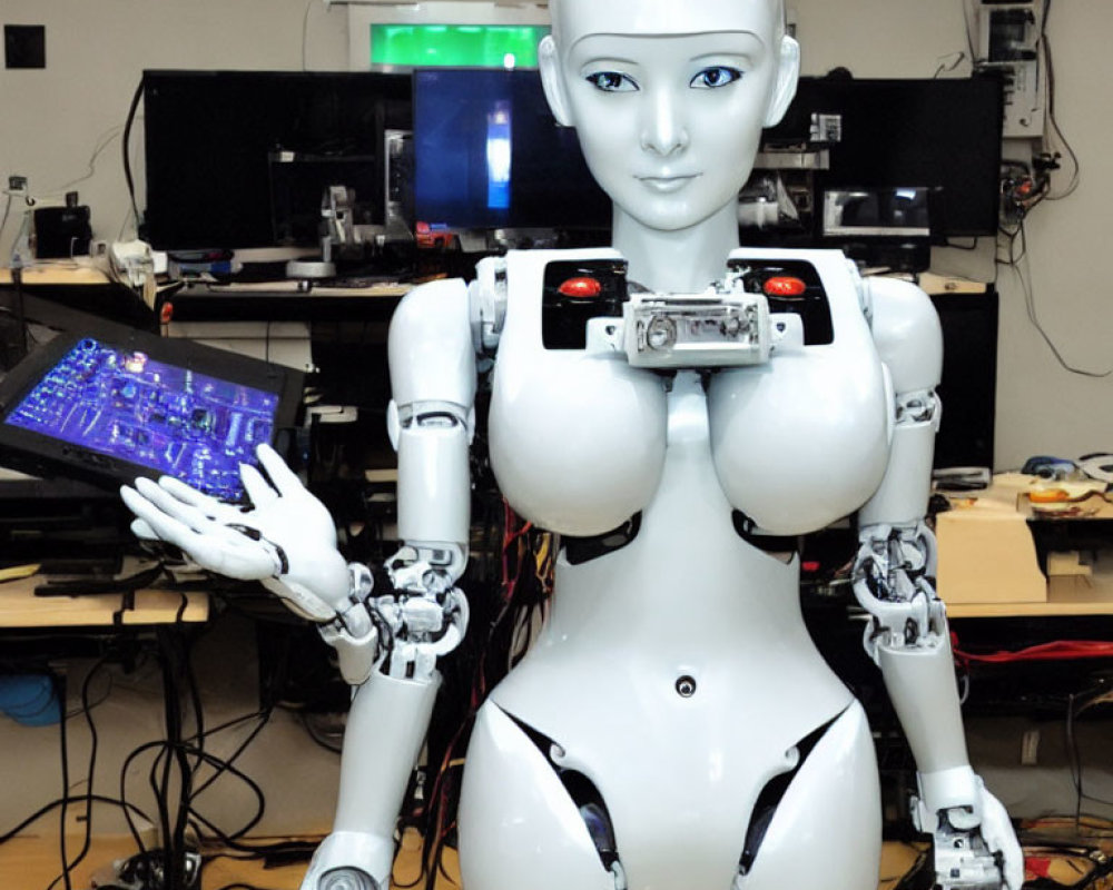 Female humanoid robot with white exterior in lab setting.